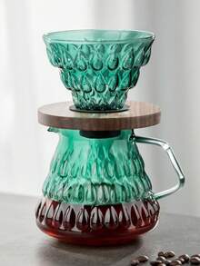 yeefeeco 2pcs Dark Green Coffee Set (Includes Textured Drip Coffee Sharing Pot And Walnut Wood Filter Cup), Pour-Over Coffee Pot Set, Suitable As A Gift For Friends, Coffee Sharing Pot Set, Applicable For Home, Bedroom, Living Room, Camping, Afternoon Tea, Coffee Shop - Dark Green - View 1