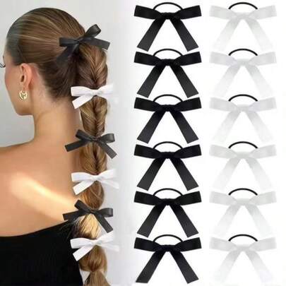 1/5Pcs Black Ribbon Bow Ponytail Holders, Durable Elastic Hair Rings For Girls,Hair Accerssories,Summer