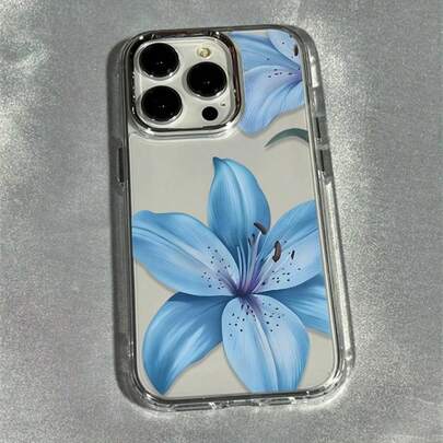 1 pezzo Custodia morbida in TPU trasparente con cornice in metallo e stampa floreale blu, di alta qualità, adatta per modelli Apple 17/17Pro/17Promax/16/16Plus/16Pro/16ProMax/15/15Plus/15ProMax/14/14Plus/14Pro/14ProMax, 13/13Pro/13ProMax, 12/12Pro/12ProMax, 11/11Pro Max