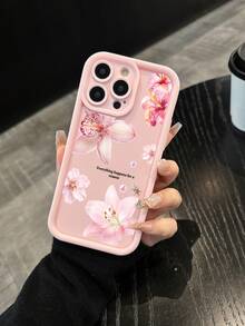 1 pieza Nuevo estuche de teléfono con cobertura completa, suave y grueso, con impresión floral de lirio y texto inspirador en inglés, compatible con iPhone 17 Air/17 Pro Max/17/16 Plus/15/14/13/12/11/XS Max/XR/7/8 - rosa claro - Ver 2