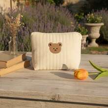 1pc Portable Zippered Embroidered Cartoon Animal Baby Diaper & Bottle Storage Mommy Makeup Bag, Travel Organizer - Apricot - View 7