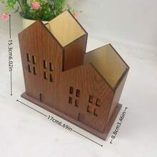 1pc Wooden House Shaped Pen Holder & Storage Box, Retro Desktop Organizer, Office Desk Decor, Cosmetic Storage, Home & School Office Supplies, Home Decor - Multicolor - View 2