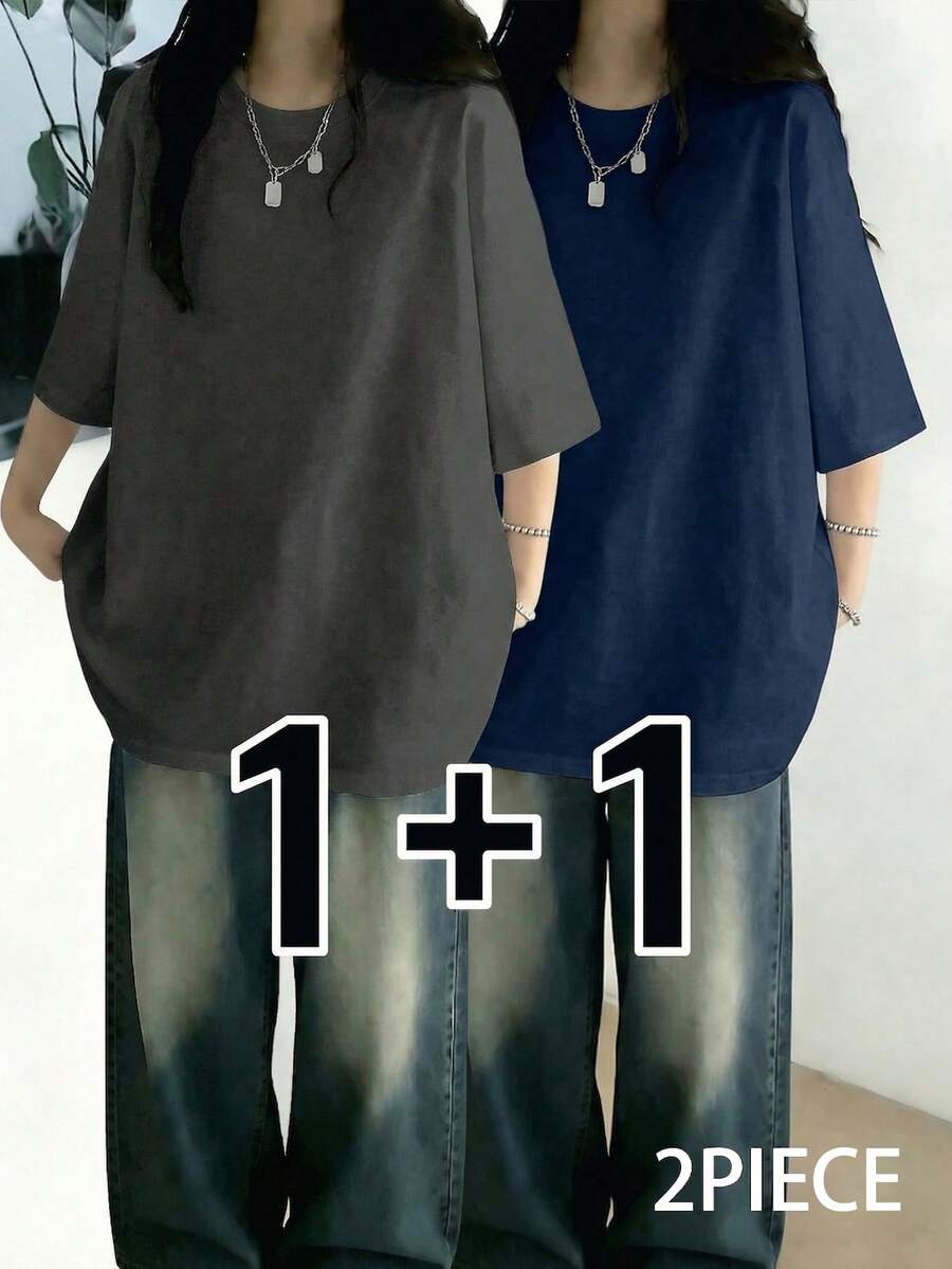 2件套 女士休闲宽松圆领纯色短袖T恤,春夏款 - 深灰+深藍 - 查看 1