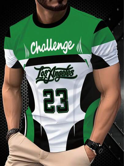 Men's Green, Black & White Contrast Color "Los Angeles 23" Letter Print Short Sleeve T-Shirt, Casual Sports Wear, American Street Fashion Essential