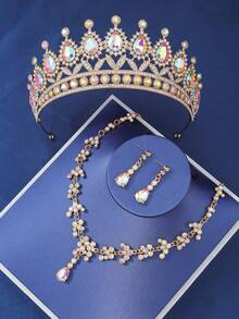 Bộ 4 món phong cách Baroque thanh lịch dành cho nữ, gồm vòng cổ và bông tai hình vương miện pha lê, phụ kiện đội đầu cô dâu trong đám cưới, phụ kiện tóc cho người lớn dự tiệc, vòng cổ và bông tai hình vương miện. - Nhiều màu - Xem 8