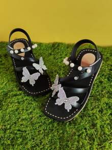 1 Pair Girls' Shiny Butterfly Decor Fashion Sandals, Comfortable Breathable Flat Sandals Suitable For Outdoor, Travel, Spring/Summer - Black - View 3