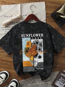 夏季新款極簡時尚油畫向日葵花卉印花休閒圓領紮染短袖T恤百搭女款上衣黑色 - 黑色 - 查看 2