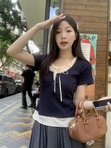 夏季扎染撞色二合一短袖T恤，荷叶边下摆修身纹理女式衬衫 - 藏蓝色 - 查看 7