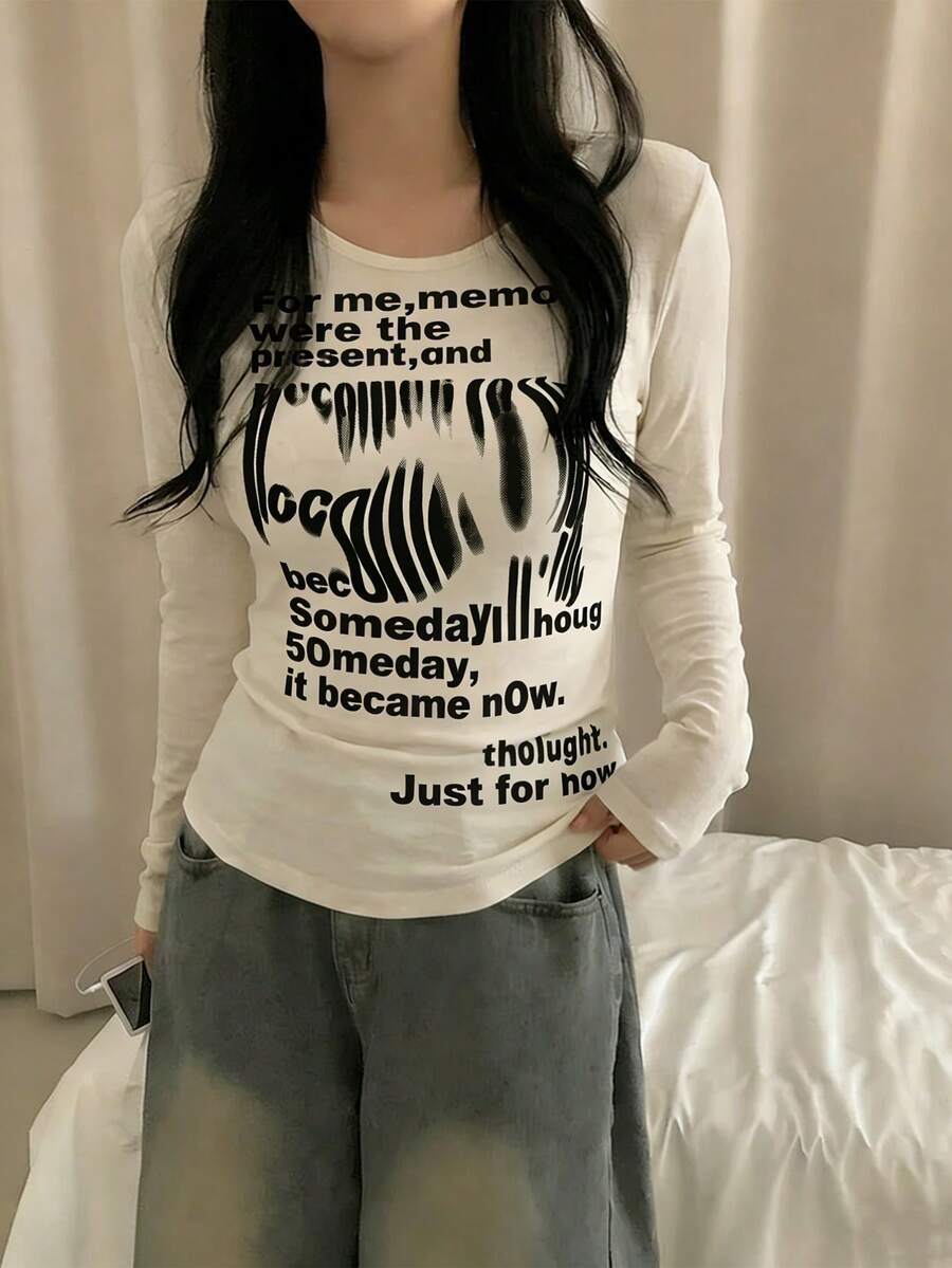 Áo thun dài tay in chữ dành cho nữ, kiểu dáng đa năng, phù hợp cho công sở. - Màu be - Xem 1