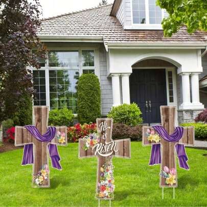 3pcs Easter Cross Yard Signs, He Is Risen Religious Outdoor Decor, Plastic Stakes Included, No Power Needed, No Feathers, With Classic Lawn Stakes Suitable For Garden, Home, Party