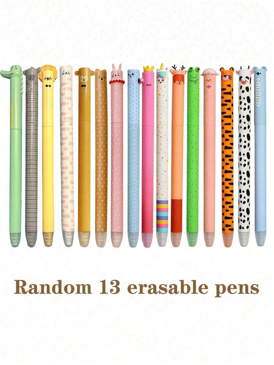13pcs Erasable Cute Animal Shaped Neutral Pens, Includes Lion, Rabbit And Tiger Patterns, With Erasers, Smooth Writing, Suitable For Students To Practice, Take Notes And Exams - Sets - View 1