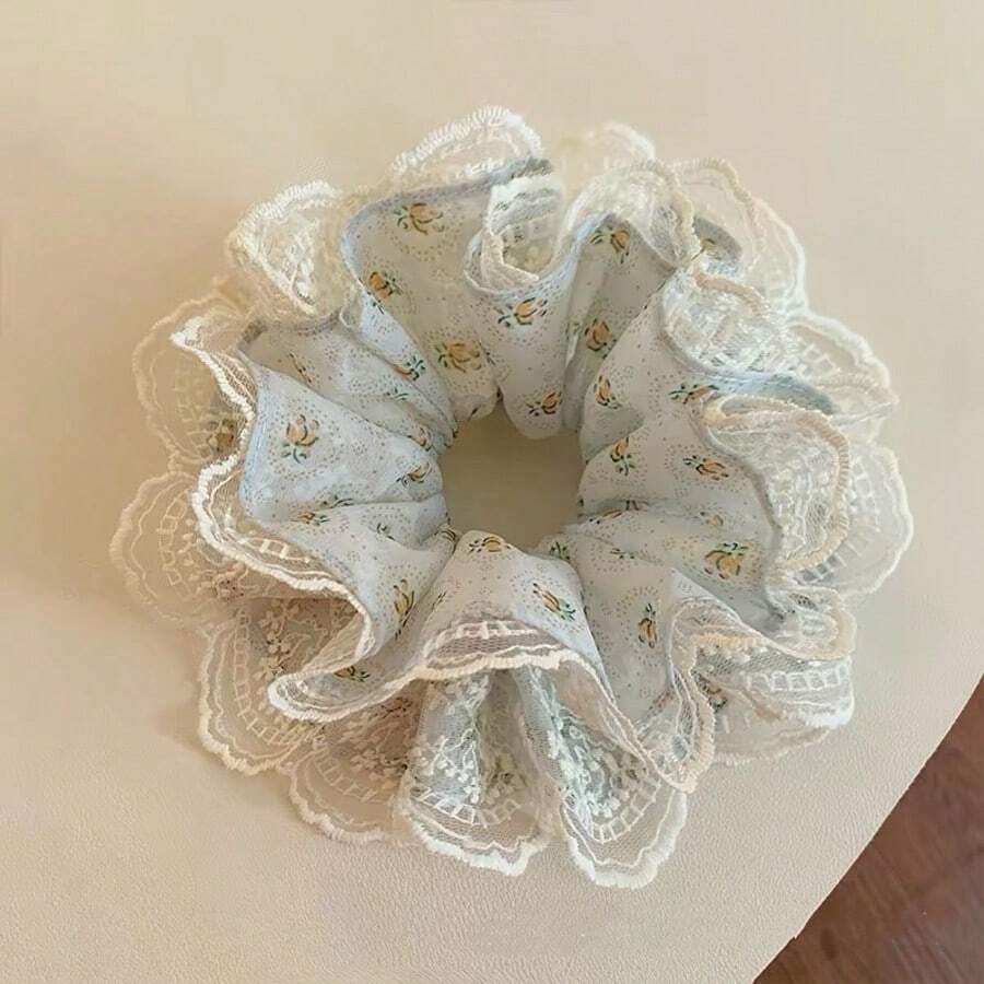 1个蓝色花卉蕾丝发圈，优雅慵懒发绳，旅行发饰，马尾辫发圈，发绳，橡皮筋发圈 - 彩色 - 查看 1