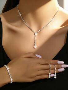 Conjunto de 3 piezas de joyería elegante para fiesta de Pascua, que incluye collar con colgante de gota de agua, aretes y pulsera. Joyería sofisticada y versátil para uso diario - Blanco - Ver 5