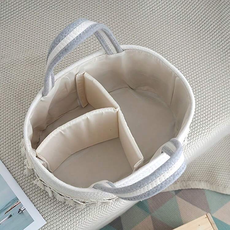1pc Bohemian Style Handwoven Storage Basket With Lace Trim - Multifunctional Storage Box With Removable Divider, Pink And Gray Handles, For Storing Toys, Cosmetics Etc., Small Shelf Basket - Multicolor - View 6