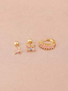 3 件套可爱 18K 镀金不锈钢蝴蝶耳钉套装，女士粉色锆石耳骨穿孔耳环，适合女孩日常佩戴，可作礼物 - 1-Gold-3pcs - 查看 3