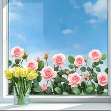 1pc Pink Rose Window Decor, Soft Pink Roses And Green Leaves, Lighting Up The Window With A Gentle Romantic Ambiance - Multicolor - View 4