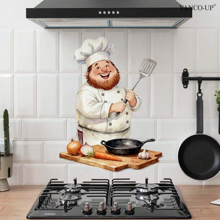 1 pieza Pegatina de pared de chef, pegatina autoadhesiva de cocinero de dibujos animados lindo para salpicadero de cocina, estufa, decoración del hogar y comedor, removible e impermeable - Pegatinas de pared con temática de chef - Ver 1