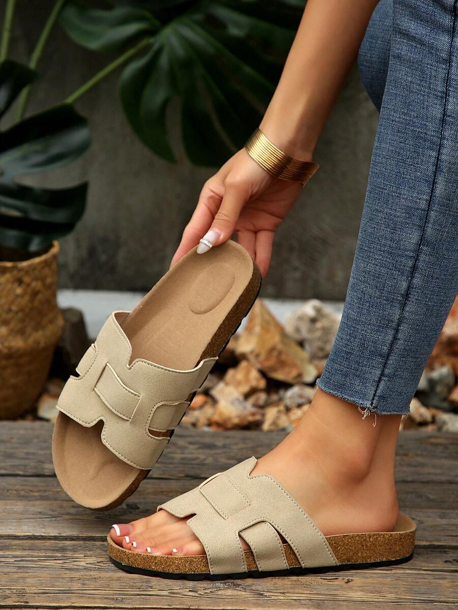 Women's Open Toe Round Toe Beach Sandals, Slip-On, Minimalist, Comfortable, Plus Size, Casual, Vacation Style, Satin Thick Sole Sandals, Suitable For Beach, Party, Home, Outdoor Wear, Spring/Summer New Elegant Sandals - Beige - View 1