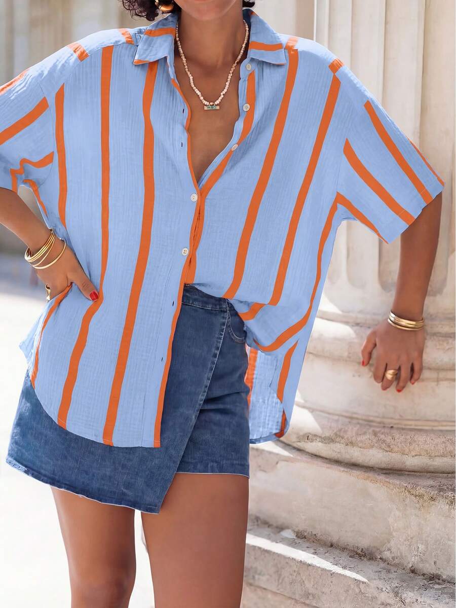 Women's Color Block Striped Loose Blouse Short Sleeve, Elegant Cardigan Top, Suitable For Commute, Fashion, Daily Wear, Dates, Outings, Spring/Summer - Blue Coffee - View 1