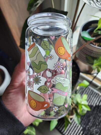 冰抹茶咖啡玻璃吸管杯，罐形玻璃吸管杯，家用抹茶吸管杯，抹茶吸管杯饮具