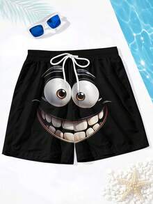 1 chiếc quần short nam in hình hoạt hình cười ngộ nghĩnh, kiểu dáng thường ngày, có dây rút, thích hợp mặc đi biển mùa hè. - Nhiều màu - Xem 12
