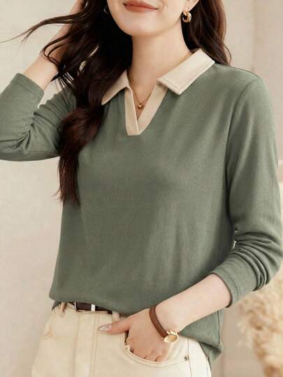 2025 New Autumn Women Polo Collar Long Sleeve T-Shirt, Fashionable Outer Wear Pullover Top Casual Spring