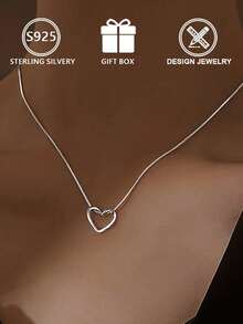 1 chiếc dây chuyền mặt dây chuyền hình trái tim rỗng bằng bạc Sterling 925 (thiết kế trái tim tối giản), kèm hộp quà, thích hợp để đeo hàng ngày và làm quà tặng ngày Valentine. - Bạc - Xem 3