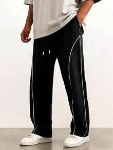 Men's Casual Drawstring Waist Contrast Trim Pockets Pants, Suitable For Daily Commute And Streetwear, Spring/Summer - Black - View 2