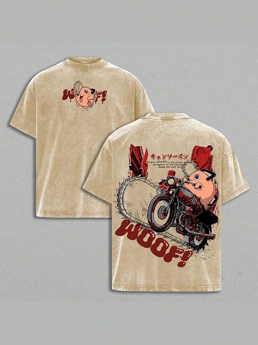 230g Washed Double-Sided Printed T-Shirt, Red-Haired Devil Crazy Batch Printed High-Quality Batik Cotton Retro Fashion Brand T-Shirt, Suitable For Everyday Wearing T-Shirts, Outdoor Holiday Sports, Gifts For Comic Lovers. - Cà phê nâu - Xem 1
