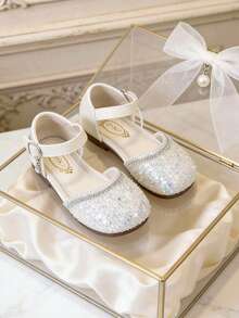 1 Pair Girls' Soft Bottom Sandals With Rhinestones, Shiny Princess Shoes With Hook And Loop, Flat Casual Shoes For Everyday Wear - Beige - View 1