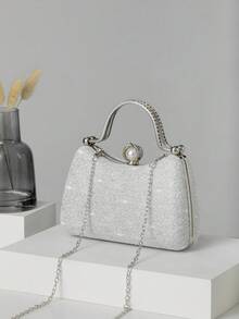 Mini Elegant Lace Pearl Rhinestone Box Clutch Bag, Suitable For Wedding And Evening Party - Silver - View 5