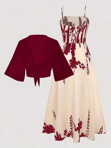 2 Pieces Women's Floral Chiffon Dress & Elegant Romantic Date Outfit Summer Spring - 酒紅色 - 查看 3