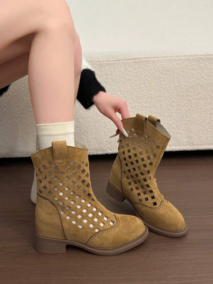 Women's Fashion Casual Hollow-Out Design Versatile Chunky Heel Round Toe Ankle Boots - Camel - View 1