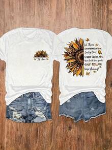 Women'S Inspirational Sunflower & Quote Graphic Print T-Shirt - Casual Vacation Short Sleeve Round Neck Top, Medium Stretch Machine Washable White Tee For Casual Attire, Cute Shirts For Summer, Beach Clothing, Nontransparent MaterialLoose Fit Benito Bowl,Big Game, Football Fast Delivery Women'S Casual And Stylish Short-Sleeved Printed Shirt/T-Shirt, Breathable, Suitable For Outdoor Sports, Everyday Wear, Birthday Gifts, Christmas Gifts, Halloween Gifts, Or As A Commemorative Shirt For Friends Or Loved Ones. Also Suitable As A Pullover - trắng - Xem 1