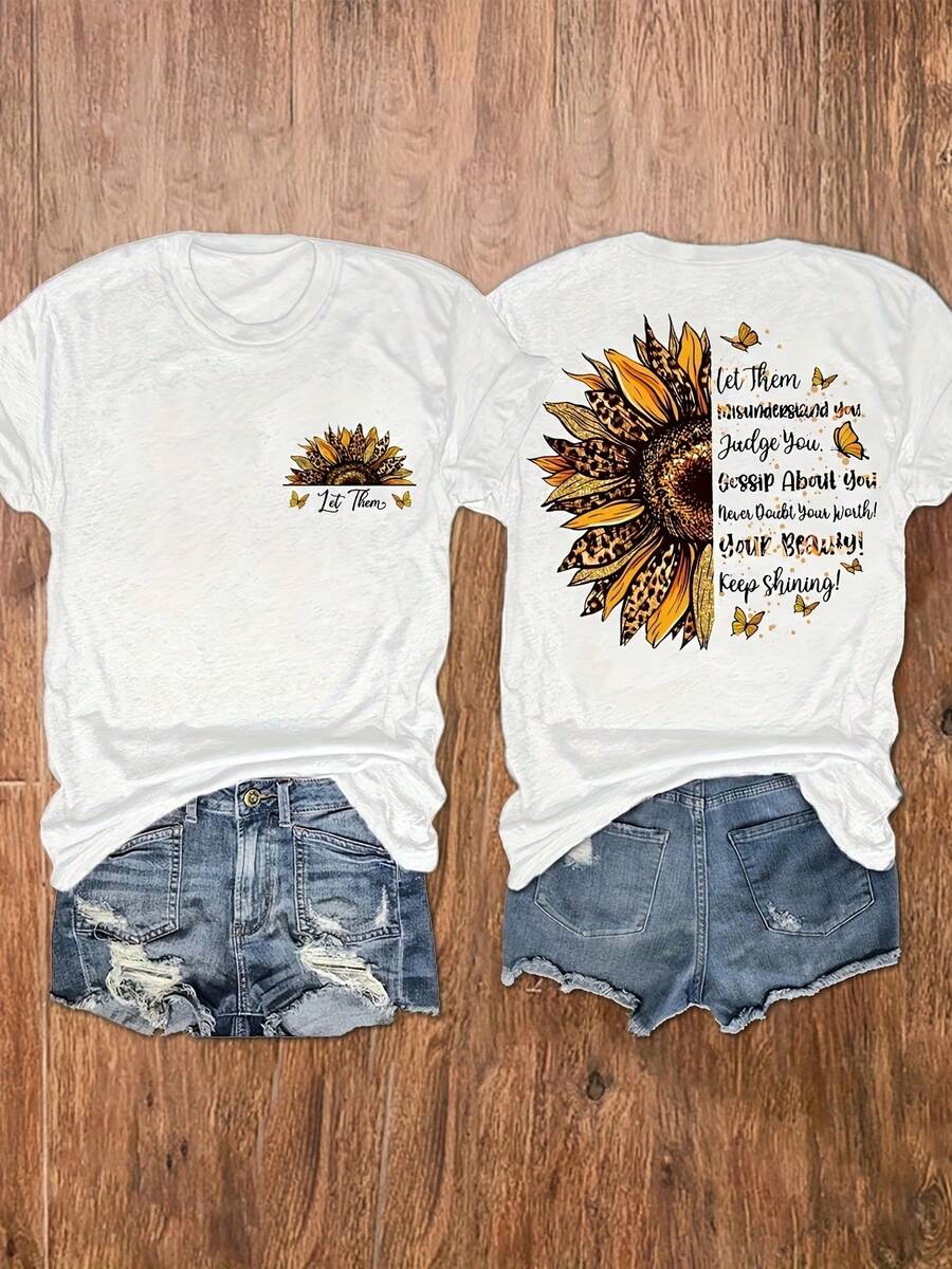 Women'S Inspirational Sunflower & Quote Graphic Print T-Shirt - Casual Vacation Short Sleeve Round Neck Top, Medium Stretch Machine Washable White Tee For Casual Attire, Cute Shirts For Summer, Beach Clothing, Nontransparent MaterialLoose Fit Benito Bowl,Big Game, Football Fast Delivery Women'S Casual And Stylish Short-Sleeved Printed Shirt/T-Shirt, Breathable, Suitable For Outdoor Sports, Everyday Wear, Birthday Gifts, Christmas Gifts, Halloween Gifts, Or As A Commemorative Shirt For Friends Or Loved Ones. Also Suitable As A Pullover - trắng - Xem 1