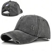 1pc Vintage Washed Criss Cross Ponytail Cap For Women | Distressed Denim Baseball Hat With High Bun Hole - A - View 1