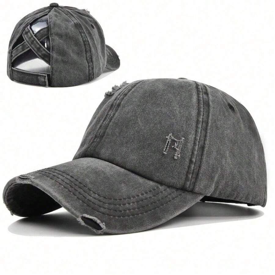 1pc Vintage Washed Criss Cross Ponytail Cap For Women | Distressed Denim Baseball Hat With High Bun Hole - A - View 1