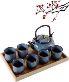 Dujust Japanese Tea Set, Cyan-Blue Porcelain Tea Set With 1 Teapot, 6 Tea Cups, 1 Tea Tray, 1 Stainless Steel Infuser, Asian Tea Set For Tea Lovers - Light Blue - View 12