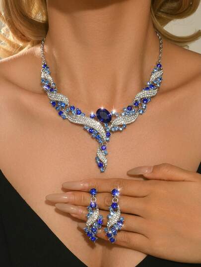 3pcs/Set Irregular Shaped Bridal Women's Fashionable Crystal Necklace Set, Sexy Jewelry Set Suitable For High-End Evening Dresses, High-End Dinners, Weddings.