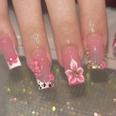 24pcs, Sweet Rhinestone Leopard Print Nail Stickers For Women, Featuring Sweet Pink Leopard Print, French Manicure, And 3D Floral Crystal Decor Design. Suitable For Girls/Women For Daily Wear, Parties, And Celebrations.