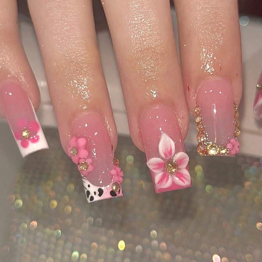 24pcs, Sweet Rhinestone Leopard Print Nail Stickers For Women, Featuring Sweet Pink Leopard Print, French Manicure, And 3D Floral Crystal Decor Design. Suitable For Girls/Women For Daily Wear, Parties, And Celebrations. - 粉色 - 查看 1