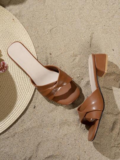 Women's Spring/Summer New Elegant Brown Criss-Cross Strap Chunky Heel Mule Sandals, Casual Office Formal Party Slippers, Leisure Outdoor Beach Holiday Retro French Minimalist Design Flat Sandals