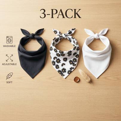 Bộ 3 khăn quàng cổ/khăn tam giác in họa tiết hoa cúc đen trắng phong cách California Chic cho chó và mèo, kích thước 29"x20", thích hợp cho dạo chơi hàng ngày, hoạt động ngoài trời, có thể điều chỉnh và giặt được, dùng để thấm nước dãi cho thú cưng nhỏ, vừa và lớn, phụ kiện chụp ảnh.