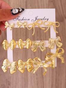 12 pezzi Set di orecchini a fiocco in oro massiccio spesso, orecchini a fiocco intagliati a vuoto, accessori di gioielleria di lusso per donne, adatti per vari outfit - Dorato - Visualizzare 5