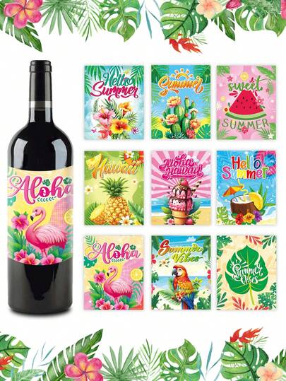 Bộ 9 nhãn dán chống thấm nước kiểu Hawaii, nhãn dán chủ đề nhiệt đới, thích hợp cho rượu sâm panh, rượu vang, tiệc bãi biển, trang trí lễ hội, chai bia, họp mặt gia đình, quà tặng ngày lễ.