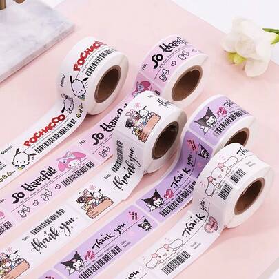 SANRIO 120张可爱卡通贴纸卷，动漫萌系感谢封条标签，乙烯基装饰贴纸。BillWind封条贴纸，每卷120张，涂层纸自粘封条贴纸。
