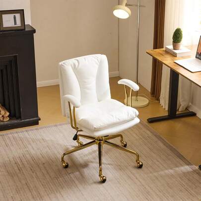 VINGLI Home Office Desk Chair Comfy With Wheels & Removable Armrests,Gold Base Vanity Chair With Back, Adjustable Rolling Swivel Computer Task Chair For Study,Makeup,Office,Bedroom,PU Leather,White