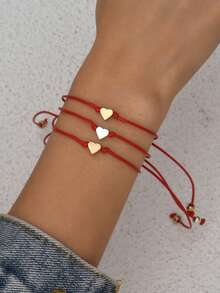Bộ 3 vòng tay dây điều chỉnh được mặt hình trái tim tối giản, vòng tay dây thừng đỏ thủ công đơn giản dành cho nữ, trang sức đa năng để đeo hàng ngày. - Đỏ - Xem 3