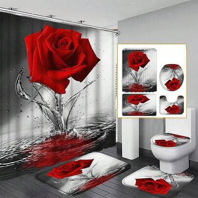 4件套红色落玫瑰花浴帘套装，优雅乔迁礼物，现代家居装饰，防水浴帘和浴室地垫三件套，含12个浴帘挂钩