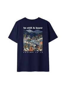 Women's Bohemian Christian Loose Fit T-Shirt, Breathable Fashion T-Shirt With Round Neck And "Be Still And Know" Print, Patchwork Mountain Landscape And Bible Verse S - 海軍 - 查看 2